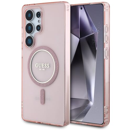 CG MOBILE Guess Glitter Circle Logo Classic Compatible avec MagSafe Coque pour Samsung Galaxy S25 Ultra (Rose)