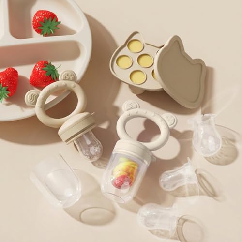 Image of Baby Breastmilk Popsicle Molds & Baby Fruit Feeder, Infant Food Freezer Tray Storage Containers, Silicone Teething Pacifier Feeder and Teether for Babies,Boys and Girls-Beige