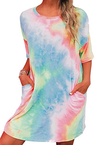 Image of MOUSYA Women Tie Dye Dress Short Sleeve T Shirt Dress Summer Casual Loose Mini Dress with Pockets