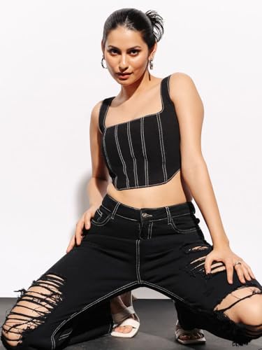 Image of Shasmi Girl's and Women's Blue Denim Crop Top, Square Neck, Sleeveless Corset Style Women Western Cotton Denim Bustier Vest Crop Top | Bralette Blouse | Sleeveless (Denim Top 158)