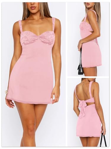 Image of MIYIEONZ Women's Summer Mini Dresses Sleeveless Sexy Square Neck Lace Splicing Cocktail Party Straps Bodycon Dress