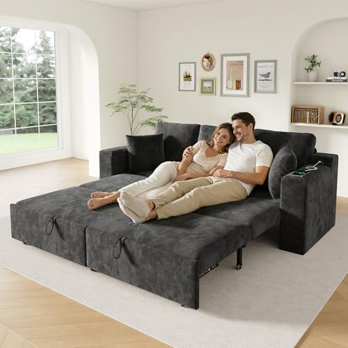 NuvlaGu Sofá cama 3 en 1 de 3 plazas con función de dormir extensible, marco de metal, puertos de carga USB y tipo C, espacio de almacenamiento integrado y reposabrazos – Gris – Sofá para salón y