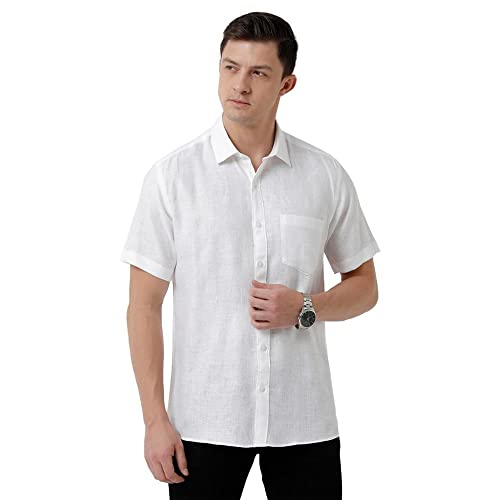 Image of Linen Club Men's Pure Linen White Solid Slim Fit Half Sleeve Casual Shirt