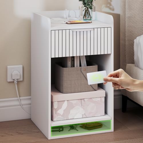 YOSHOOT Nightstand with Charging Station and NFC Lock Cabinet Bedside Table with Hidden Compartment for Valuables Storage End Table with Drawer and Shelf for Living Room Bedroom 35*35*60cm (White)