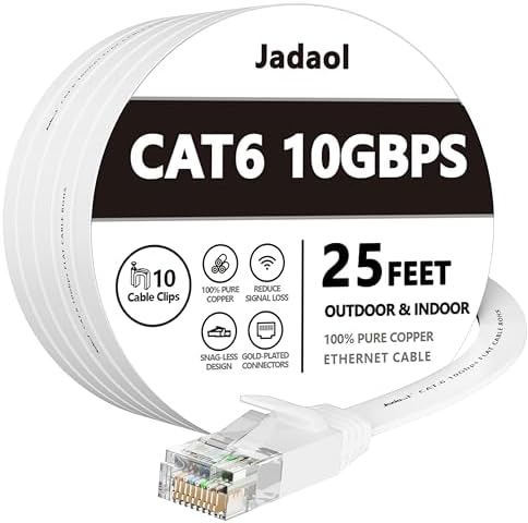 Jadaol Cat6 Ethernet Cable 25FT with Clips 10Gbps Flat Network Cable, White