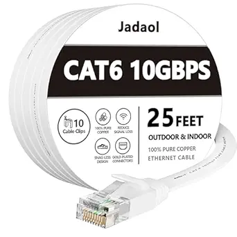 Jadaol Cat 6 Ethernet Cable 25 ft, 10Gbps Support Cat8 Cat7 Network, Flat RJ45 LAN Patch Cable, High-Speed Wired Internet Cable for Router, Modem, Switch, Gaming Consoles, PC, Streaming Devices, White