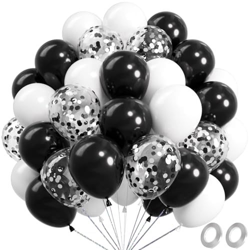 Image of RainbowQ 67Pcs 12 Inch Black and White Confetti Latex Helium Balloons | White Black Balloons Latex Helium Shiny Balloon Set for Graduation Anniversary Birthday Party Decorations