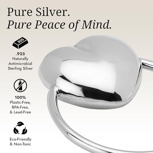 Image of Heart Teether Rattle Ring for Boy and Girl, .925 Sterling Silver, Newborn Gifts, Non-Tarnishing, Beautiful Box Packaging, Custom Engraving Available