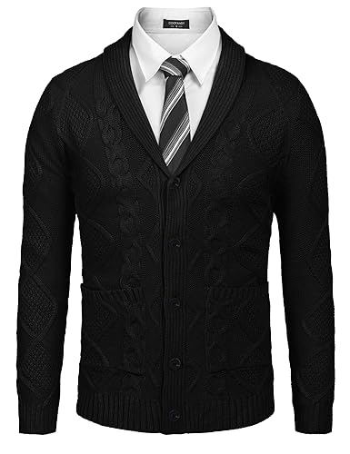 COOFANDY Mens Shawl Collar Cardigan Sweater Slim Fit Button Down Cable Knitted Sweater with Pockets3
