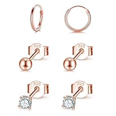 3Pairs-Rose Gold 12mm Hoop+CZ Stud+Ball Stud