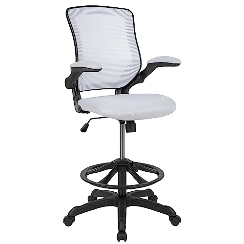 Flash Furniture Cadeira ergonômica de malha branca com encosto médio com anel ajustável para os pés e braços articulados