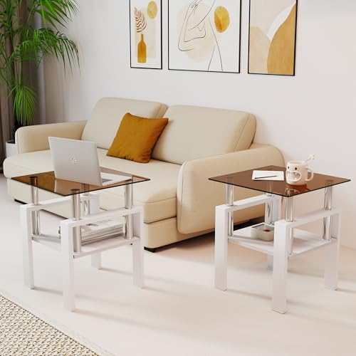 Image of Meihua Glass End Table, Square Glass Side Table, 2-Tier Modern Nightstand with Metal Legs for Living Room&Bedroom (Brown+White, Set of 2)