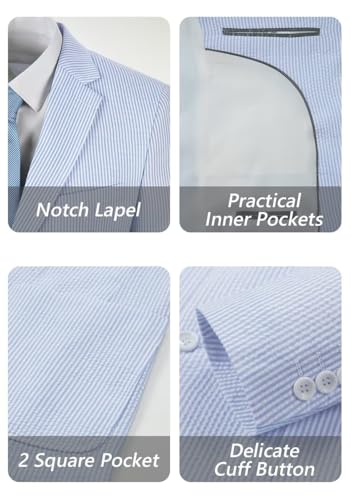 Blue Seersucker Suits 2 Piece Casual Summer Beach Men Suits Wedding Grooms Jacket Pants Striped Suit Set2