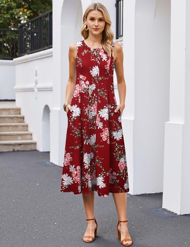 Image of HOTOUCH Summer Casual Dresses for Women Sleeveless Midi Dress Swing Tank Sundress Pleated Tshirt Dress with Pockets