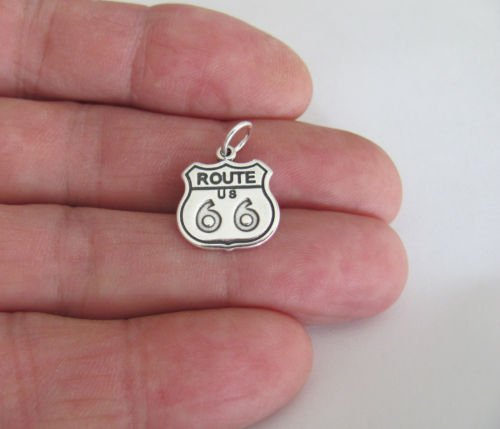 Sterling Silver 14mm Route 66 Road Sign Charm - Jewelry Accessories Key Chain Bracelet Necklace Pendants