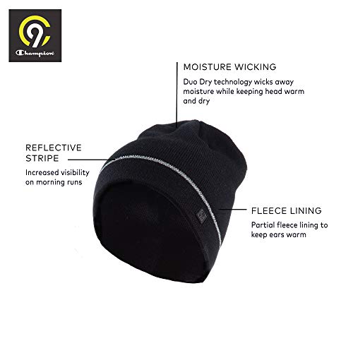 Image of C9 Champion Kids' Machine Washable Black Beanie Hat with Reflective Stripe and Fleece Lining