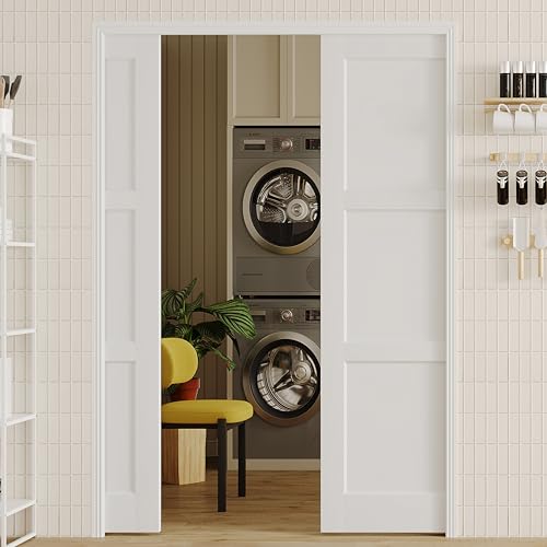 Image of Sliding Pocket Door, 48 inch(2 x 24) x 80 inch, 3-Panel Core with Frame and Hardware Kit Set, Interior Doors for Pocket Door, White Primed - No Panel Assembly Required