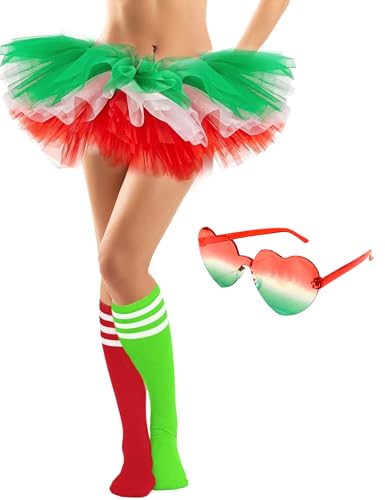 NSODREEM Adult Tutus for Women 5 Layered Tulle Tutu Skirt Set with Heart Sunglasses and Knee High Socks Party Favors (Red Green)