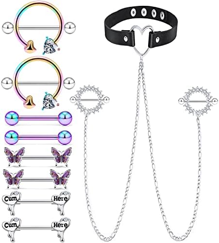 Generic Pexveiuu Nipple Rings for Women 14G Stainless Surgical Steel Butterfly Nipple Nipplerings Ring Chain Barbell Bar Piercing Jewelry for Women 14mm Purple, Border-00002