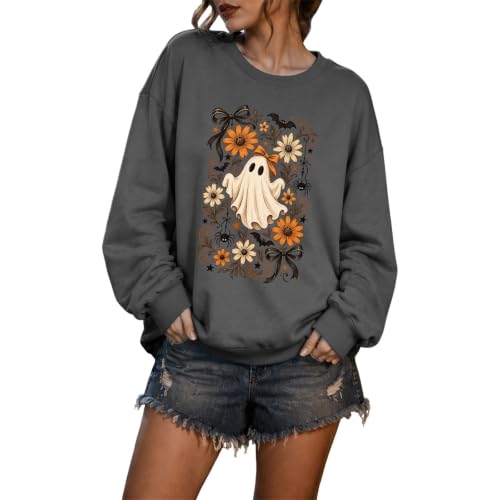 Halloween Sweatshirts for Women Ghost Spooky Season Sweatshirt Dark Gray - image 2
