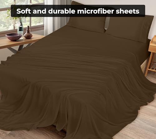 Image of Royale Linens Full Flat Sheet - Ultra Soft Brushed 1800 Microfiber Flat Sheets Only - Wrinkle Free & Stain Resistant - Hotel Quality Top Sheet for Bed (Full, Chocolate)