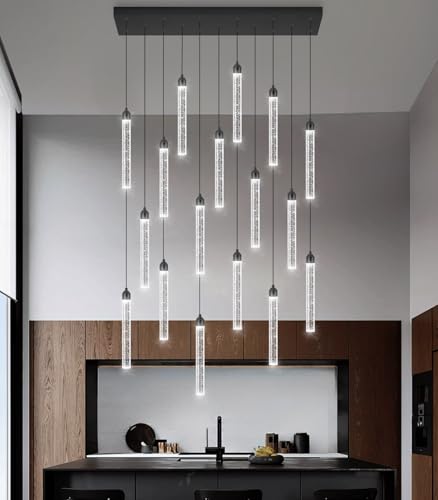 Image of Rectangular Chandeliers 17-Lights Long Light for Entryway LED Dimmable Chandeliers Lighting Fixture Flat Sloped High Ceiling Pendant Lights Crystal for Living Room Foyer Hallway Staircase Black