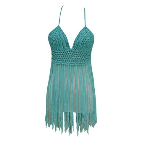 Fringe Bikini Halter Crop Top Handmade Crochet Swimsuit Summer Beachwear (Green) Cover