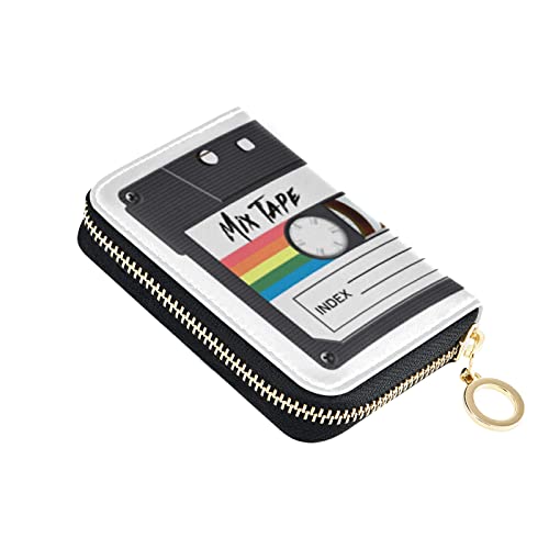 Cassette Retro Labels 80s Retro TextureGrey Credit Card Coin wallet, RFID Blocking Compact Women Leather Card Holder, Key Change Organizer, Zipper Purse Clutch Pouch
