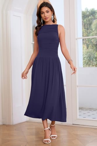 Image of Womens Summer Casual Midi Maxi Dress 2026 Sleeveless Ruched A Line Flowy Cocktail Wedding Guest Beach Long Sundress