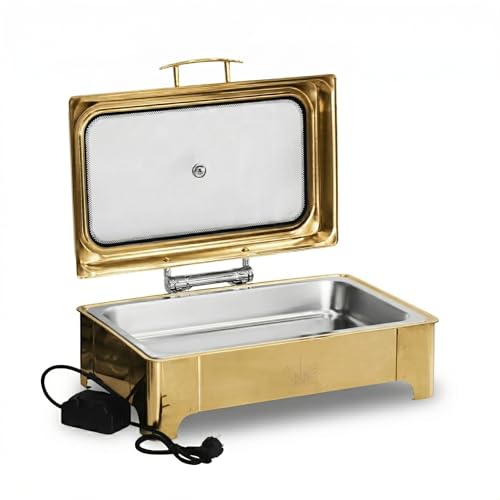Image of Malabar Stainless Steel Chafing Dish with Transparent Lid, Rectangular Chafing Dish Set with Hydraulic Lid, Mirror Finished Buffet Food Warmer (Electric, 9 LTR - Gold)