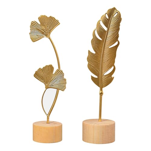 BSITSSS 2 Pezzi Statua Ginkgo Piuma, Dorato Soprammobili Moderni Scultura con Base, Ginkgo Foglia Piuma Statuette Soprammobili per Ufficio Camera Letto Libreria
