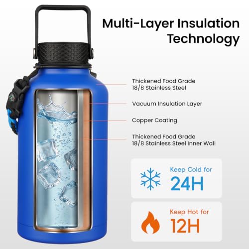Image of Konokyo Insulated Water Bottle with Straw,87 oz 3 Lids Water Jug with Carrying Bag,Paracord Handle,Double Wall Vacuum Stainless Steel Metal Flask,Blue