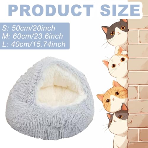 Toyhood Kleines Flauschiges Katzenbett mit Kapuze, Beruhigendes Höhlenbett für Haustiere, Runde Wärmende Haustierbetten, rutschfeste Unterseite, Schlafkissen für Welpen und Kätzchen im Winter (Grau)