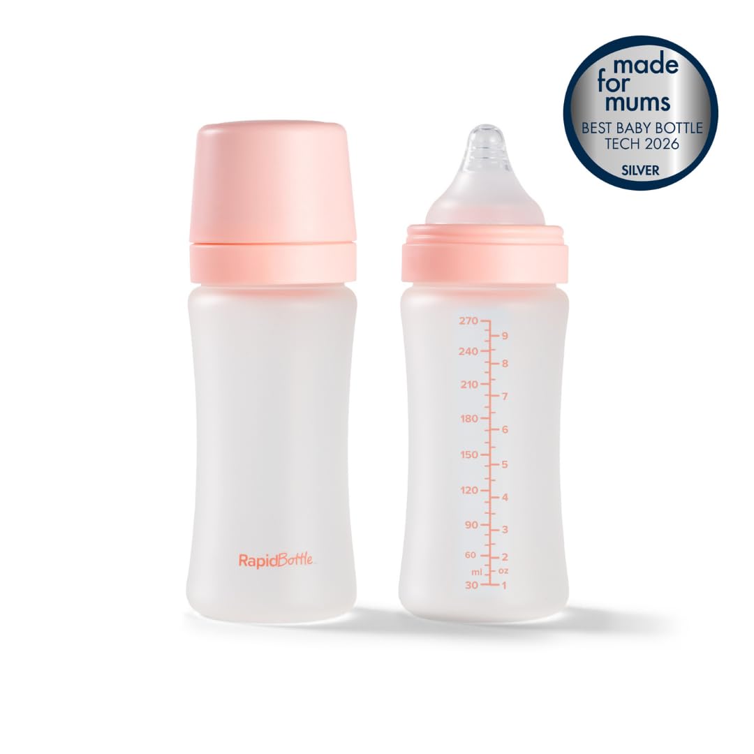 Nuby RapidBottle - Confezione da 2 biberon in vetro anti-coliche, con tettarella in silicone rivestito in silicone, alimentazione rapida, senza microplastiche, sterilizzazione rapida, 255,1 g (rosa)