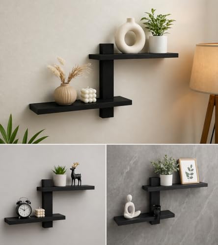 Image of Wooden Floating Wall Shelf for Living Room Bedroom, Office & Home Decor MDF Engineered Wood Storage Shelf (Black)