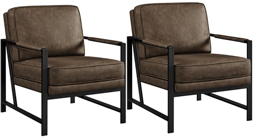 Image of Yaheetech Mid-Century Modern Accent Chairs Set of 2, Brown | Oversized Faux Leather Chair with Soft Cushion, Ergonomic 105 Back, Reading Chair for Living Room, Bedroom and Waiting Room