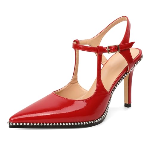 Image of SAMMITOP Womens High Heels Ankle Strap Pointed Toe Stilettos Patent Leather Beaded Pumps Dress Shoes 3.5 Inch
