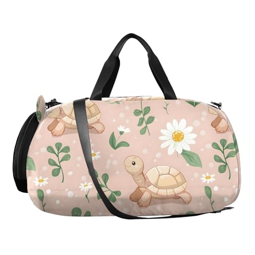 Duffle Bag for Boys or Girls with Shoes Compartment, Cute Little Turtle Daisy Sports Travel Bag Overnight2