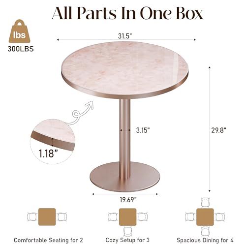 Image of 31.5 inchTulip Table, Sintered Stone Small Round Dining Tables&Metal Edge&Base | Small Modern Circle Dining Table for 2-4 Person ,Bistro Tables for Dining Room /Kitchen /Restaurants /Small Spaces /Marble Pink