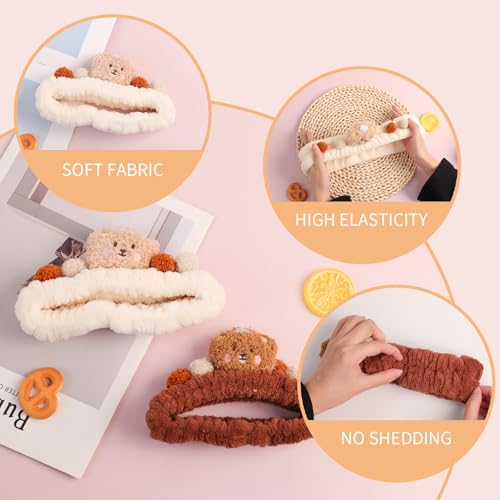 PERFECTSIGHT Spa Headband for Washing Face, 2 Pack Cute Hair Band for Shower Yoga Beauty Skincare Party, Soft Fluffy Makeup Headband, Kawaii Facial Headbands for Woman Girls, Bear