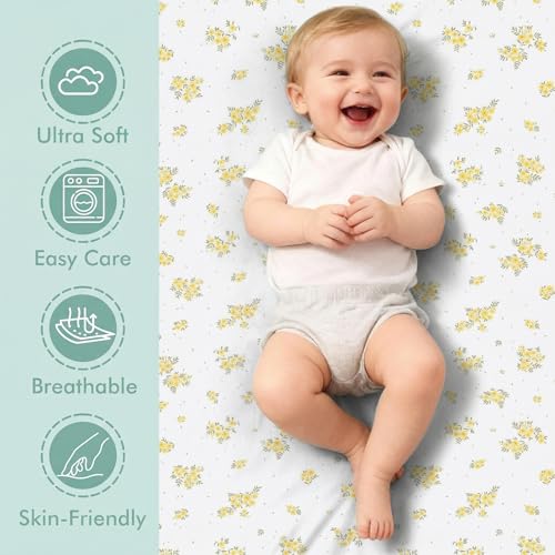 Image of 4 Pack Stretchy Bassinet Sheets 20 inch x 35 inch Compatible with Newton, Ezebaby, Angelbliss, AMKE(3 in 1) & Other Large Bedside Sleeper - Soft Breathable Fitted Bassinet Sheets - Light Floral Yellow