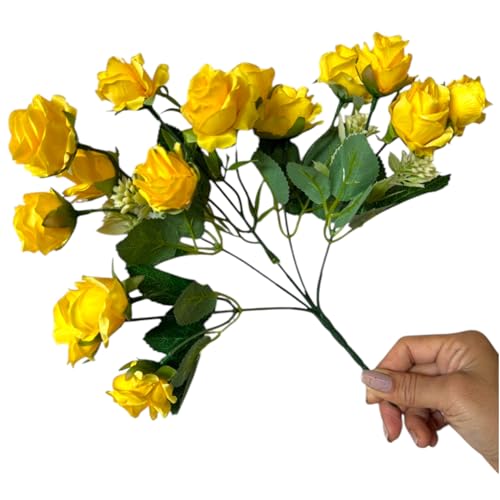 Image of Garden Art Artificial Small Rose Flower Bunch (Pack of 1) | 5 Heads with 15 Flowers & Buds, 35 cm Faux Rose Bouquet for Home Decor, Wedding & Table Decoration (Yellow)