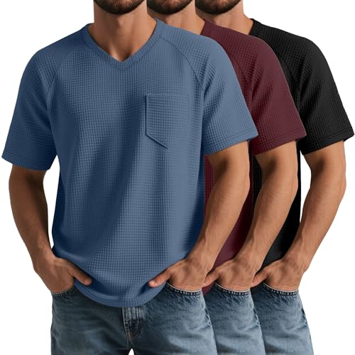 3 Pack Men's T Shirts with Pockets Waffle Knit Casual Textured Short Sleeve Tees V Neck Basic Solid Tops