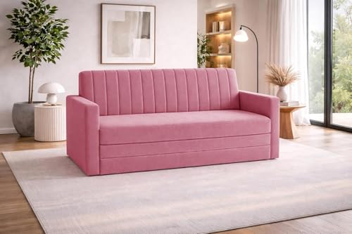 Image of Rosebell Three Seater Foldable Sofa-Cum-Bed | 3-in-1 Foldable Couch with Armrest | Modern Fabric Sofa for Living Room, Bedroom & Office-Rose Pink