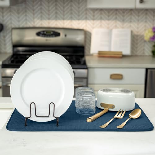 Image of S&T INC. Dish Drying Mat XL, 18 inch x 24 inch, Absorbent Microfiber Kitchen Counter Mat, Dish Drying Pad for Dishes, Utensils, Pots and Pans, Extra Large, Navy