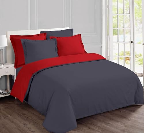 Vision Parure de Lit Réversible 100% Coton Lit Double - Rouge Anthracite | 1 Housse de Couette (260x240 cm) + 2 Taies d'oreiller (65x65 cm) | 57 Fils/cm² | Doux et...