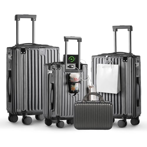 4-Piece Hardside Luggage Set with Cup Holder USB Charging Port