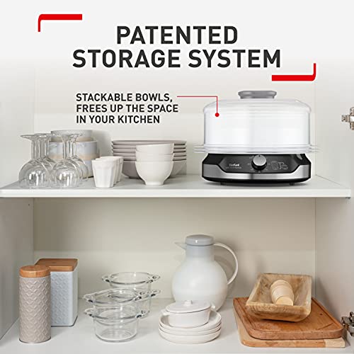 Tefal Ultracompact Steam Cooker, 9L, Stackable Storage System, 3-Tier Food Steamer, BPA-Free Bowls, 60-Min Timer, Refill While Steaming, Rice Accessory, Removable Cooking Bowls,VC204865