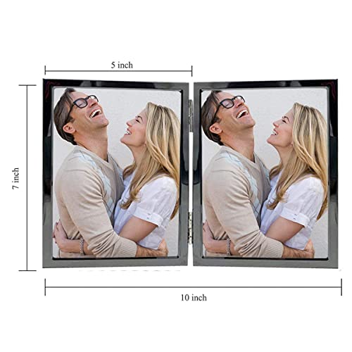 5x7 Picture Frame Double Hinged Black Metal Thin Edge Frame with High Definition Glass Front Folding Frames Stand Vertically on Tabletop,Black