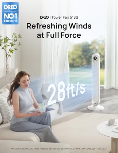 Image of DREO Smart Tower Fan for Bedroom, Floor Standing Bladeless Oscillating Fan with Remote, 9 Speeds, 4 Modes, 12H Timer, for Indoor Bedroom Home Office, WiFi Voice Control
